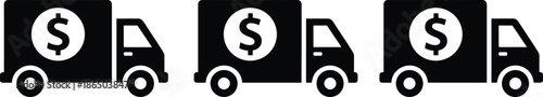 Black delivery truck icons with dollar signs representing armored bank transport vehicles and financial cash logistics services for secure commercial money shipping and banking