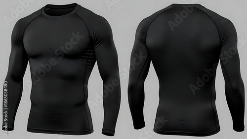 Men's black long-sleeve compression shirt, front and back view, athletic wear for fitness and sports.