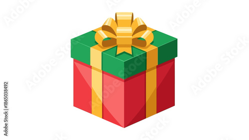 A colorful illustration of a gift box with a green lid, red body, and gold ribbon on a white background.