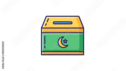 Simple illustration of a green and orange donation box with a crescent moon and star symbol on the front against a white background.