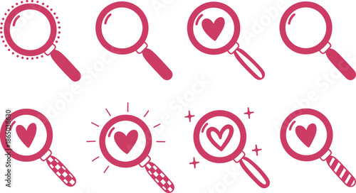 Set of hand drawn magnifying glass icons with heart shapes inside for love search discovery and romantic exploration concept vector illustration