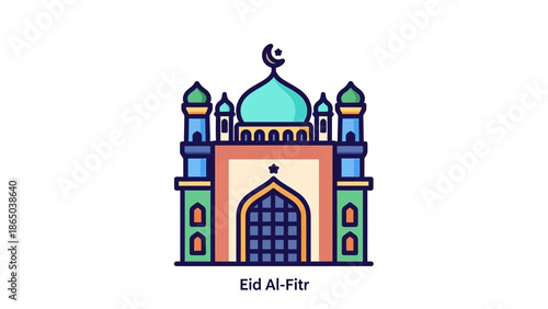 Colorful illustration of a mosque with a blue dome and crescent moon on top, featuring a large arched doorway, against a white background, symbolizing Eid Al-Fitr celebrations.