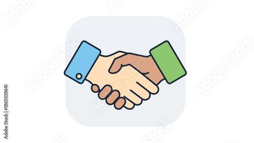 Illustration of two hands shaking in a friendly gesture against a light gray background with a simple, colorful design.