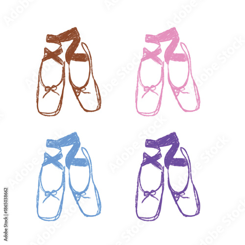 Set of Pointe Shoes or Ballet Slippers Isolated on White Background. Different Colors of Dance Footwear for Ballerina. Hand Drawn Style Vector Illustration.
