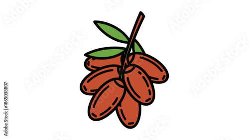 Illustration of a cluster of red berries with green leaves on a brown stem against a white background.