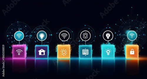 Smart home security connectivity automation cybersecurity threat landscape vivid icons glowing interface