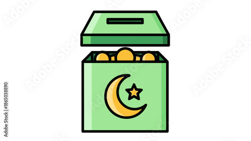 Illustration of a green charity box with a crescent moon and star, filled with gold coins, on a white background.