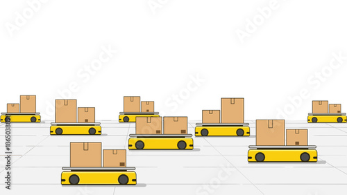 Automated guided vehicles (AGVs) carrying cardboard boxes, illustrating modern warehouse automation, logistics, and efficient supply chain management.
