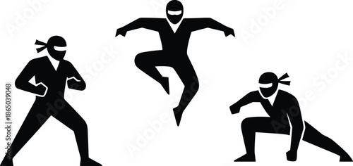 Ninja silhouettes, martial arts action, stealth fighters, dynamic poses, black illustration, combat stance, jumping kick, crouching attack, warrior icon