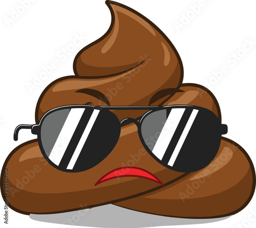 Poop emoji cartoon, funny icon, swirl shape, sunglasses expression, red frown, humorous design, emoji character, digital sticker, silly face, expressive emoji, comic style, emoji art