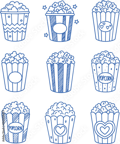 Set of hand drawn popcorn buckets with various decorative designs and labels for movie theater cinema snacks and entertainment concept vector