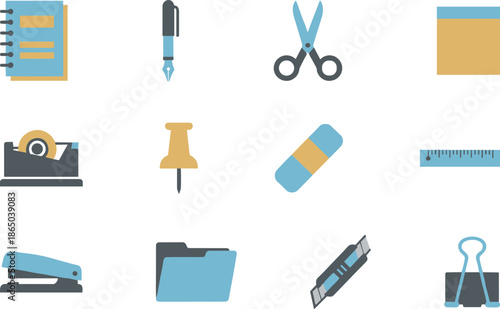 Professional office supply and stationery icon set featuring notebook pen scissors ruler stapler folder and paper clips for workplace concept