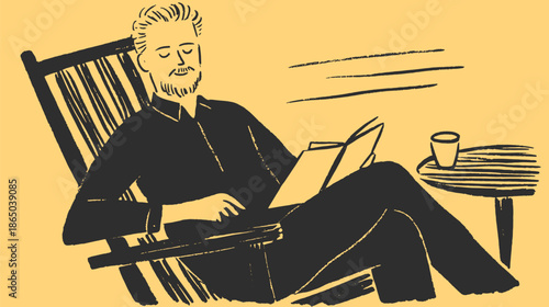 Man reading a book while relaxing in a chair. Simple black and yellow vector illustration depicting leisure.