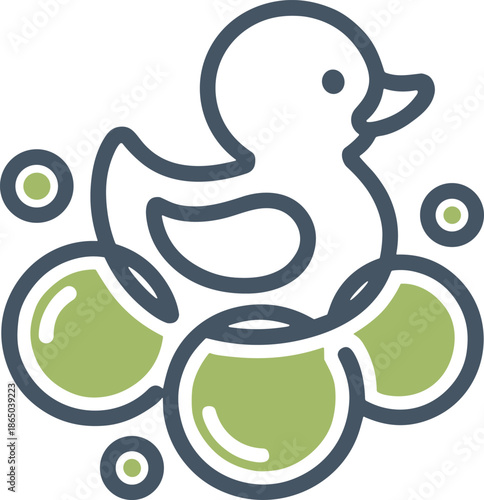 Cute rubber duck icon swimming with soap bubbles in minimal outline style for baby bath time and hygiene products branding logo design