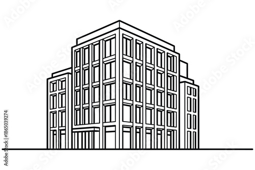 Black and white architectural illustration of a modern urban skyscraper and glass business building facade against a downtown city skyline design