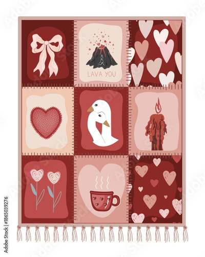 Valentine's Day Patchwork Blanket. Rustic Romantic Patch Duvet Design. Vector illustration. Geometric Checkered Plaid with Valentine's Day Elements.