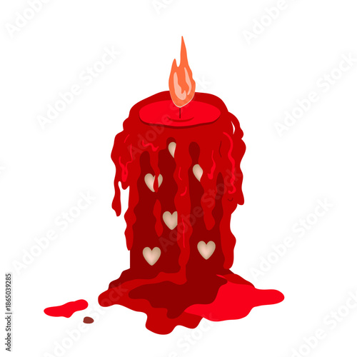 A red burning candle with melting wax. Valentine's Day, love, romance design element. Vector isolated illustration
