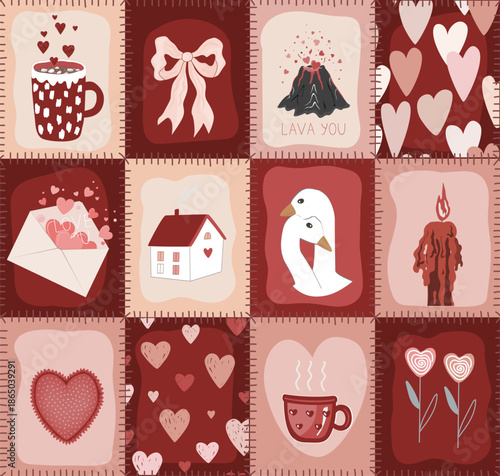 Valentine's Day Patchwork Quilt Seamless Doodle Pattern. Rustic Romantic Patch Duvet Design. Vector background. Geometric Checkered Print with Valentine's Day Elements
