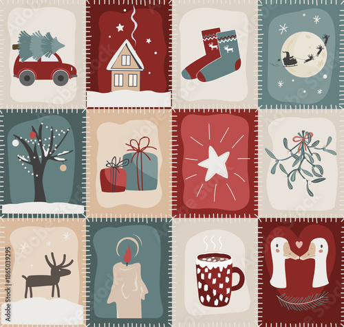 Christmas Patchwork Quilt Seamless Doodle Pattern. Rustic Winter Patch Duvet Design. Vector background.