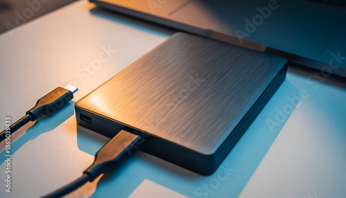 External SSD Drive Connected with USB-C Cables on Modern Desk Close Up