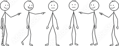 Stick figure illustration, social pressure concept, group dynamics, isolation, blame, attention focus, minimal art, emotional expression, psychology, behavior, communication