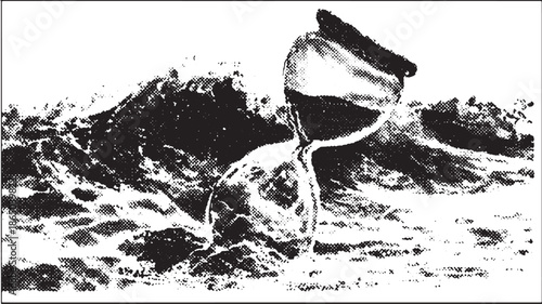 Hourglass shape with sand, surrounded by ocean waves. Monochrome vector illustration emphasizes time and movement in an abstract set.