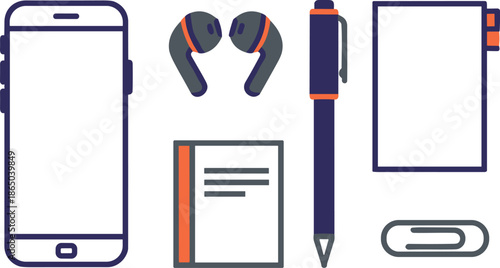 Modern workspace essentials flat icons featuring a smartphone wireless earbuds pens and notebooks for productivity and business organization