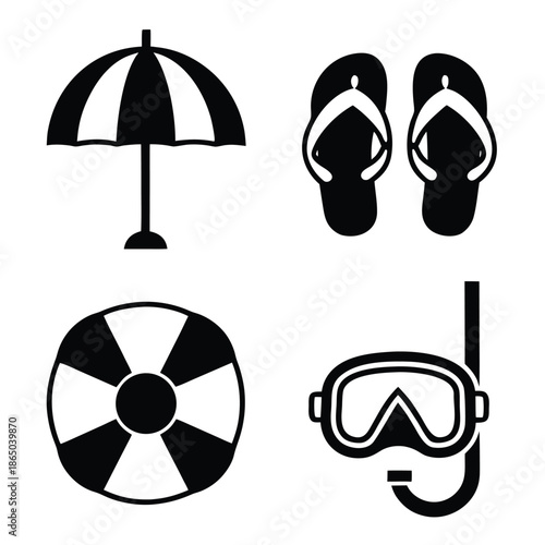 Black and white beach and swimming set umbrella flip flops sandals