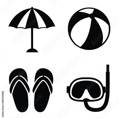 Black and white beach vacation umbrella flip flops snorkel ball