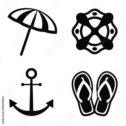 Four black and white of an umbrella, anchor, flip flops, and a seashell