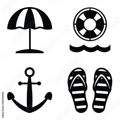Four black and white of beach umbrella, lifebuoy, anchor, and flip flops