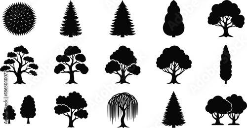 Tree silhouette icons, botanical design, foliage shapes, black vector, nature elements, tree grid, plant illustration, forest graphic, tree species, minimal style, natural forms, landscaping symbols
