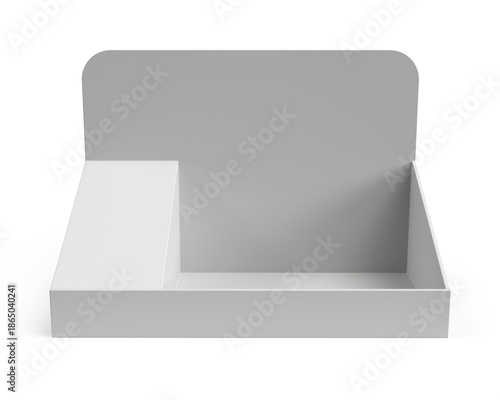 Empty Product Display Tray. Supermarket Promotional Display Rack. Counter top display. PDQ Display Box. 3D Render Illustration.