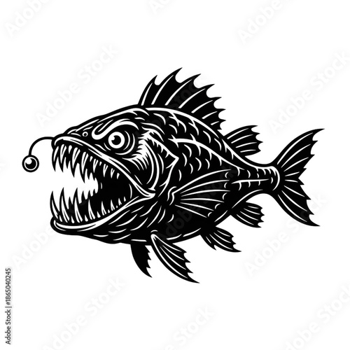 scary anglerfish silhouette vector - deep sea predator and monster fish mascot illustration
