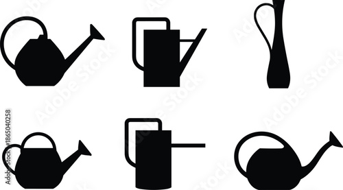 Watering Can Silhouette Set, Black Vector Illustration of Garden and Plant Watering Tools in Simple Minimal Flat Design Style