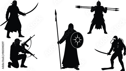 Warrior silhouettes set with swords, spears, shields and archery poses, medieval and fantasy fighters combat stances illustration isolated on white background
