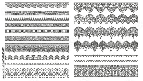 A collection of diverse black and white lace borders and ornamental patterns showcased in rows