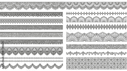 An assortment of delicate black lace borders and patterns displayed in repeating horizontal rows