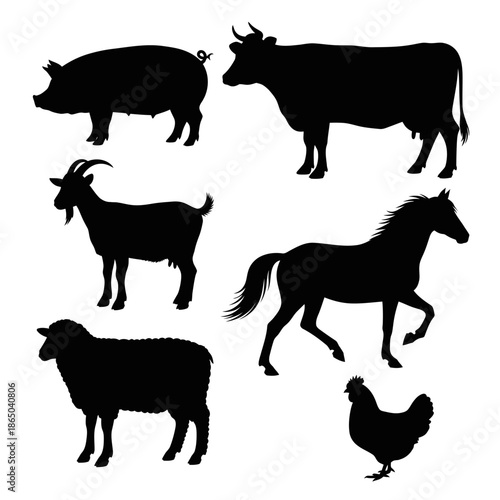 Farm Animal Silhouettes - Pig, Cow, Goat, Horse, Sheep, and Chicken.