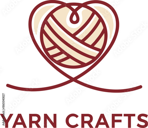 Yarn crafts logo design with heart shape and wool ball icon for knitting crochet sewing handmade workshop and hobby leisure concept vector illustration.