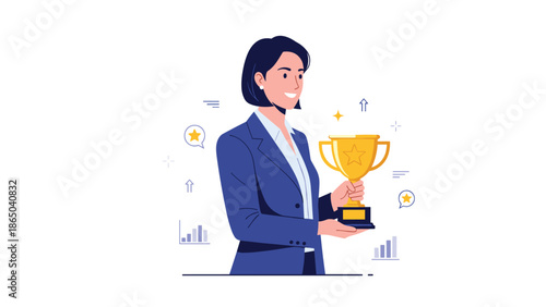 Confident businesswoman in a blue suit proudly holding a golden trophy, symbolizing professional achievement, success, and corporate recognition.