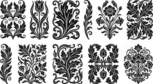 Vintage Baroque Floral Vector Set Elegant Acanthus Leaf Ornaments Classical Damask Scroll Patterns Victorian Decorative Elements for Border Frame Graphic Design