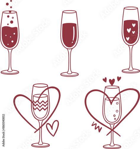Set of champagne flute glasses with bubbles and heart shapes for celebration party wedding anniversary and romantic toast event vector illustrations.