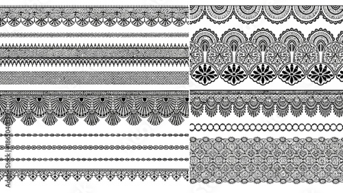A collection of ornate black and white lace borders and decorative patterns in a grid arrangement