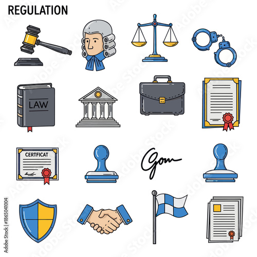 Regulation and Law Icons - Justice, Legal System, and Compliance.