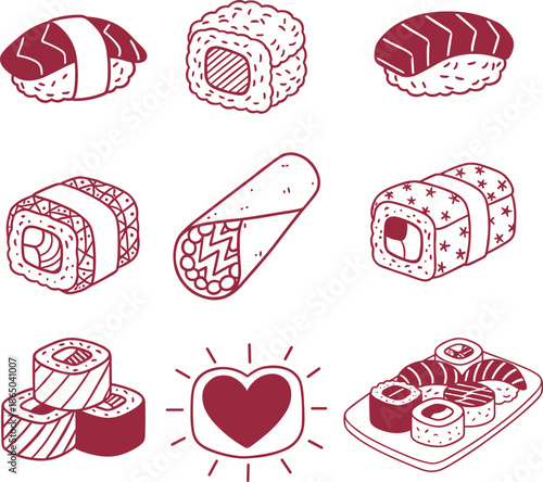 Delicious Japanese sushi and rolls illustration set with nigiri maki and sashimi hand drawn doodles for restaurant menu and food packaging