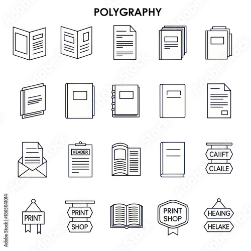 Polygraphy Icons - Books, Documents, and Print Shop Signs.