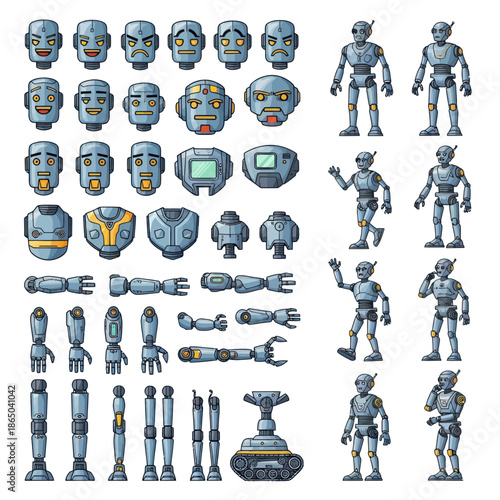 Robot Character Sprite Sheet for Game Development and Animation.