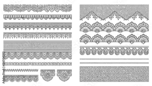An assortment of decorative black lace borders and patterns presented in a neat organized arrangement