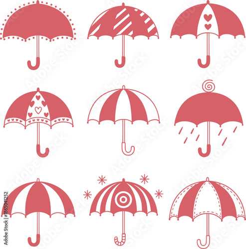 Set of pink umbrella icons with various patterns including hearts stripes and dots for weather forecast rainy season and autumn fashion concepts